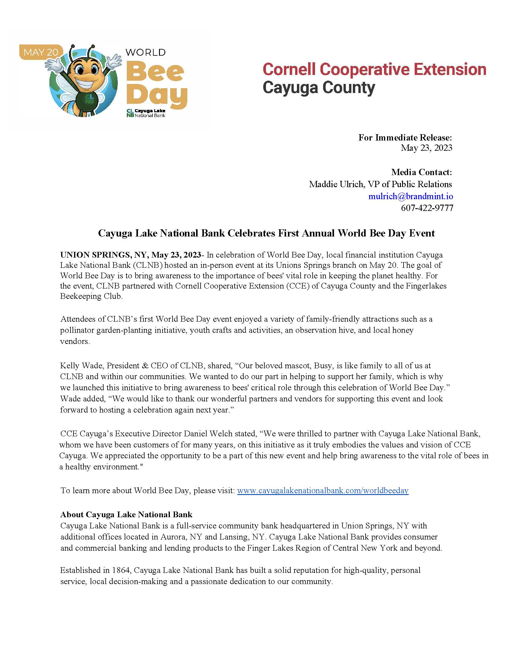 World Bee Day › Cayuga Lake National Bank